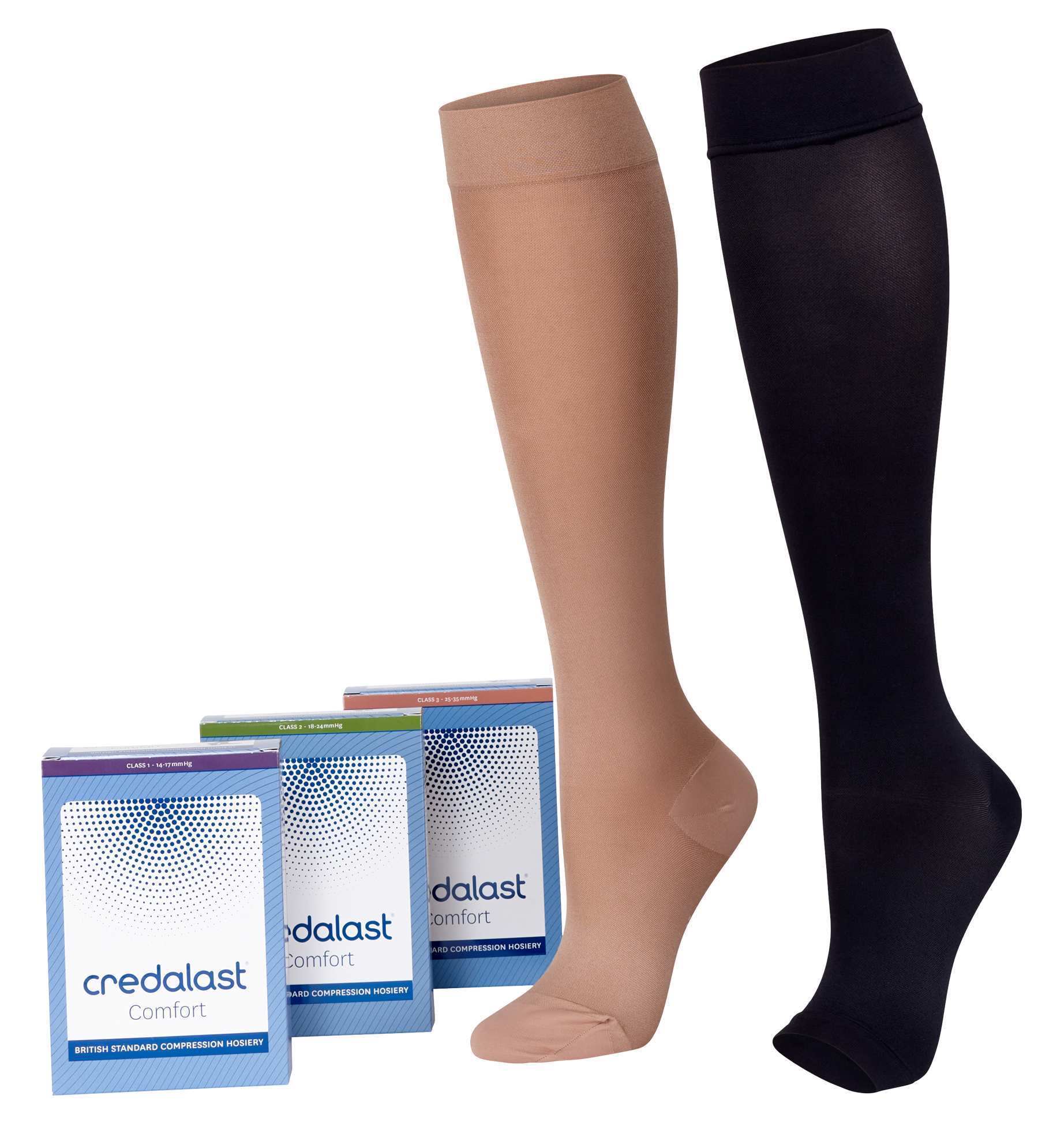 A display of available Credalast Comfort below knee compression stockings